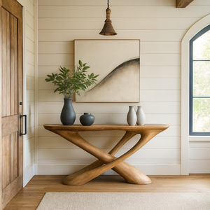 Table console moderne en bois massif naturel fait main, style farmhouse, marque Luxali, meubles de salon fabriqués au Vietnam - Product Image 2