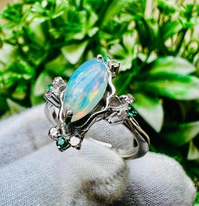 TASBIYA GEMS Vintage <b>Opal</b> Gemstone <b>Ring</b> 925 <b>Silver</b> Rhodium Plated Minimalist Prong Setting Flower Shape Women's Engagement - Product Image 3