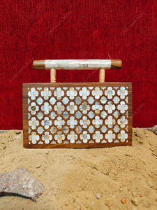 Luxury Wooden Clutch <b>Handbag</b> with Mother of <b>Pearl</b> Floral Inlay Top Handle Designer Evening Party Wedding Bag - Product Image 2