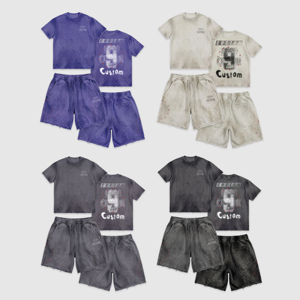 Conjunto de dos piezas con logotipo personalizado OEM, lavado ácido, bordes sin rematar, 100% algodón, estilo vintage, pantalones cortos y camiseta para hombre - Product Image 3