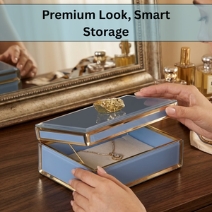 Boîte de rangement décorative en verre bleu de luxe avec poignée en pierre de cristal |   Organisateur de bijoux de luxe pour maquillage et souvenirs - Product Image 3