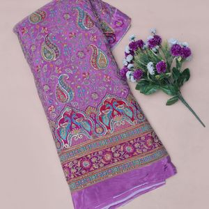 Robe de soirée indienne ethnique en tissu crêpe léger de 54 pouces, motif paon paisley violet orchidée vibrant, broderie de sequins étincelants - Product Image 4