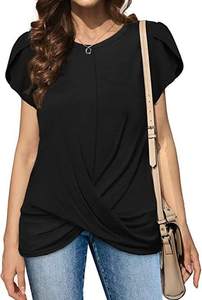 เสื้อยืดแขนสั้นผู้หญิงลำลองพิมพ์ลายโลโก้ปี 2022 ผ้าไม่เป็นขุย แขนทรงกลีบดอกไม้ ชายเสื้อสม็อค ผูกเชือก คอวี ทรงบิดเกลียว - Product Image 5