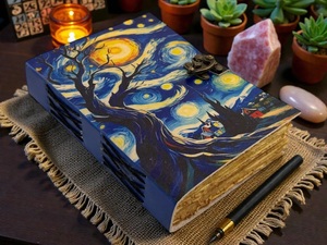 Herb Heritage Tree <b>Life</b> Starry Night Handmade Blue Buffalo Leather <b>Journal</b> Grimoire Van Gogh Art Cover 200 Sheets Embossed Logo - Product Image 2
