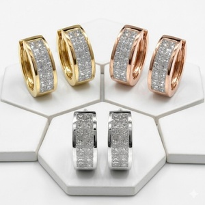 Luxury 18k <b>Solid</b> Yellow <b>Gold</b> <b>Huggie</b> Earrings Double Row Princess Cut Natural Diamond Hoop Invisible Setting Fine Jewelry Factory - Product Image 4