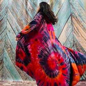 Tie Dye rayonne tissu Long Kimono Boho Style dame plage vacances d'été couvrir Sexy Resort porter femmes Kimono grande taille Kimono - Product Image 3