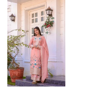 High On Demand Peach Long <b>Kurta</b> Palazzo Set for <b>Women</b> with Embroidered for Engagement and Party Wear Available At Good Price - Product Image 1