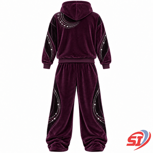Conjunto de Sudadera con Capucha y Pantalones de Terciopelo OEM Plum Eclipse con Pedrería de Cristal, 95% Algodón, 5% Elastano, Unisex, Estilo Urbano de Verano con Cordón Ajustable - Product Image 2