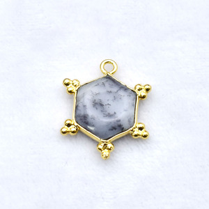 Dendritic <b>Opal</b> Hexagon <b>Pendant</b> 10mm Natural Gemstone Charm Gold Plated Bezel Connector Jewelry Making Supply - Product Image 3