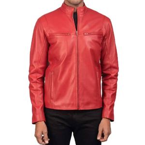 Chaqueta de Cuero de Oveja Auténtica para Hombre, Color Rojo Iónico, Diseño con Cuello de Banda, Cierre de Cremallera y Múltiples Bolsillos 2026 - Product Image 2