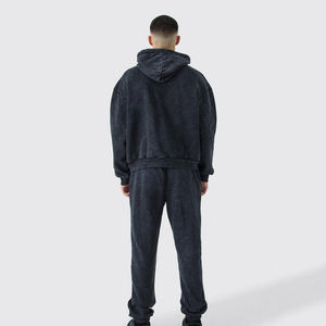 Chándal con Capucha para Hombre, Lavado Oscuro, Algodón, Manga Larga, Color Sólido, Corte Holgado Informal, para Otoño, con Cierre de Cordón Lateral - Product Image 4
