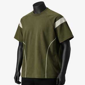 Camiseta de Manga Raglán Verde Oliva para Hombre, Cuello Redondo, Tejido de Punto, Corte Regular, Ribete en Contraste, Estilo Casual - Product Image 3