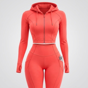 Ensemble de yoga pour femme, sweat à capuche corail zippé, haut court à manches longues, leggings taille haute, tenue de sport, fitness, entraînement, ensemble deux pièces - Product Image 1