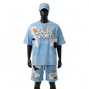 Conjunto de camiseta y pantalones cortos para hombre, algodón jersey premium GSM, lavado ácido, azul, con apliques de chenilla y logotipo personalizado. - Product Image 6
