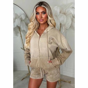 Ensemble 2 pièces molletonné pour femme : sweat à capuche et short, couleur unie, décontracté, sportswear, manches longues, coupe ample, effet délavé, streetwear - Product Image 2