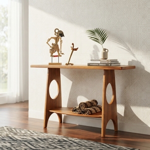 Solid Wood <b>Console</b> <b>Table</b> Mid Century Modern Circular Cutout Lower Shelf Teak Style Wooden Entryway <b>Table</b> Hallway Sofa Side Desk - Product Image 3