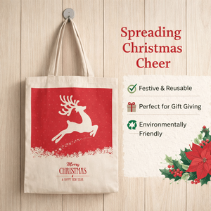 Sac de courses en jute de taille moyenne imprimé rennes de Noël |   Sac fourre-tout décoratif réutilisable et écologique |   Fermeture à glissière, transport à la main - Product Image 3