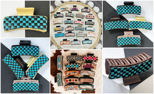 2026 Top Quality Hand <b>Tooled</b> Genuine Leather Large Luxury Hair Accessories Turquoise & Black Checkered Women's Hair Claw <b>Clip</b> - Product Image 2