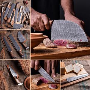 Ensemble de couteaux de cuisine en acier Damas faits à la main, 5 pièces, manche en bois, bord dentelé tranchant, 67 couches, pour droitier BA - Product Image 5