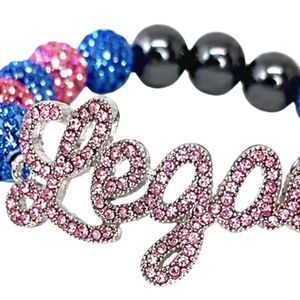 Bracelet extensible perlé noir, rose et bleu roi avec breloque lettre en cristal et strass, accessoire de mode pour femme - Product Image 6