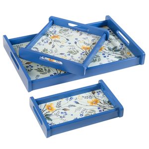 Juego de 3 bandejas de servir de madera de diferentes tamaños, diseño encajable con estampado floral, para uso en oficina y hogar, material de primera calidad. - Product Image 4