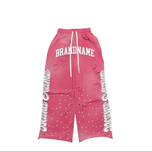 <b>Wholesale</b> Price Streetwear <b>Sweatpants</b> Oversized Baggy Jogger Unisex Rhinestone Hip Hop <b>Flared</b> Bottoms Distressed Casual Trousers - Product Image 2