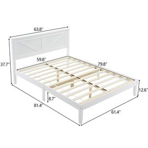 Queen Size Solid Wood Platform Bed Frame with White Headboard Elegant Wooden Beds - Product Image 3