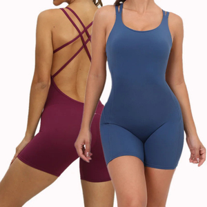 Women Seamless Backless Sports Bodysuit Scoop Neck Crisscross Straps Sleeveless Shorts Solid Color Yoga Jumpsuit - Product Image 1