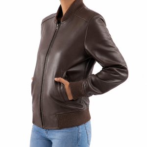 <b>Women's</b> Cow Skin Genuine <b>Leather</b> Eco-Friendly Windproof <b>Bomber</b> <b>Jacket</b> Logo Stand Collar Full Sleeve Zipper Closure Solid Color - Product Image 3
