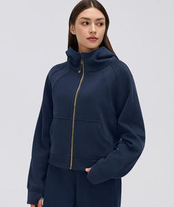 <b>Women's</b> <b>Navy</b> Printed 100% Cotton Zip up Hoodie Drop Shoulder <b>Fleece</b> Sweatshirt with Pockets - Product Image 1