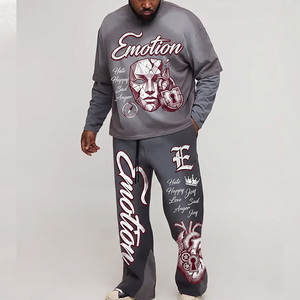 Conjunto de Sudadera con Estampado de Emociones para Hombre, Gris, Felpa Francesa, Estilo Urbano Holgado, Conjunto de Dos Piezas, Ropa de Otoño - Product Image 1