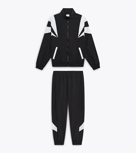 Ensemble de survêtement noir professionnel personnalisé pour homme, veste à col montant entièrement zippée, pantalon à empiècements blancs et poignets élastiques, fournisseur OEM - Product Image 1