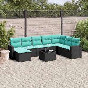Set di divani da giardino in polyrattan nero da 9 pezzi con cuscini, eleganti mobili da esterno - Product Image 1