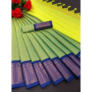 SEDA DE ALGODÓN SUAVE PREMIUM CON PROPÓSITO DE BODA MÁS ELEGIDO CON AMPLIA FRONTERA SAREE VERDE MAR - Product Image 1