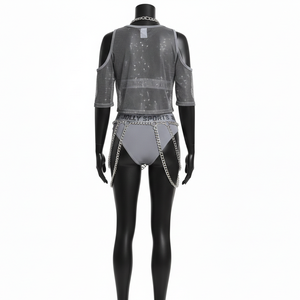 ชุดว่ายน้ำพรีเมียมผ้าโพลีเอสเตอร์ผสมสแปนเด็กซ์สีเทา ผ้าตาข่ายยืดหยุ่น ประดับโลโก้แบบรีดร้อนด้วยคริสตัล สำหรับผู้หญิง - Product Image 4