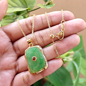 Hypoallergenic jewelry green jade with red cz accent double stone pendant <b>necklace</b> 18k gold plated brass chain women <b>necklace</b> - Product Image 4