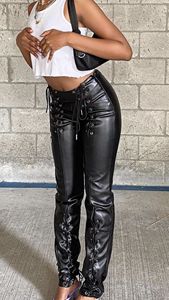 <b>Black</b> <b>Lace</b> Genuine Leather Pants High Waist Gothic Trousers Formal Straight Fit Full Length Eco-Friendly Winter Clubwear - Product Image 3