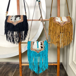 Women's Vintage Bohemian High Quality Hobo Carnival Crossbody Bag With Fringe Hand Tooled Cowhide Leather <b>Sling</b> Shoulder Handbag - Product Image 4