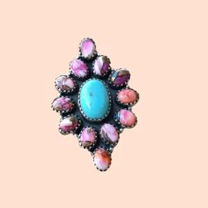 Anillo de plata Rosa Dalia 925, anillo de plata de racimo bohemio, joyería Vintage Mohave Novajo azul, anillo de Plata de Ley 925 - Product Image 3