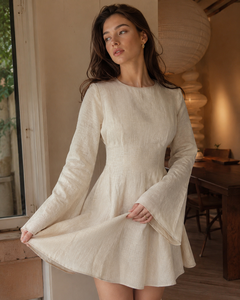 Robe Courte Bohème Simple en Lin/Coton à Manches Longues, Coupe Trapèze, Taille Naturelle, Volants, Couleur Unie, Élégante, Dos Nu Torsadé pour l'Été - Product Image 1
