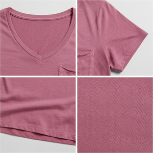 Women's V-Neck Pocket Tee Short Sleeve <b>Light</b> Cotton Soft Fabric Chest Patch Pocket Custom OEM Wholesale Supplier - Product Image 5