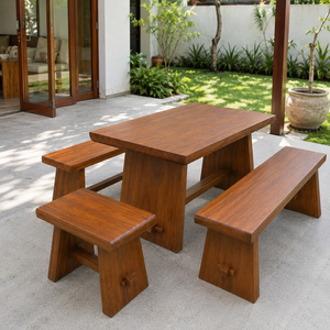 Ensemble de table à manger d'extérieur en teck massif de luxe avec banc et tabouret, meubles de jardin modernes pour hôtel, resort, villa - Product Image 2