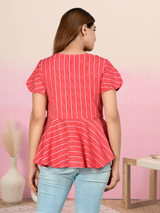 Haut d'été carré en rayonne à rayures imprimées, couleur rouge, décontracté, pour usage quotidien, confortable, élégant, écologique, respirant, pour femme, vente en gros - Product Image 2