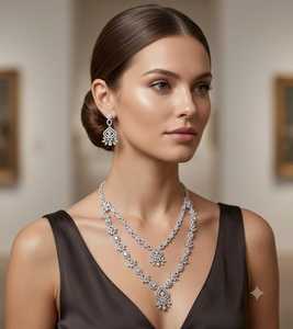 Conjunto de Collar de Lujo al por Mayor con Circonita Cúbica, Joyería de Fantasía Premium, Bañado en Rodio, Corte Marquesa, Forma de Estrella, Gargantilla de Doble Capa - Product Image 1