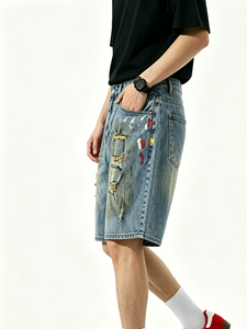 Pantalones Cortos de Mezclilla para Hombre, Pintados a Medida, Estilo Urbano, Hip Hop, Desgastados, Casuales, Lavado Claro, para Verano - Product Image 6