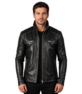 Veste bomber vintage en cuir véritable noir, style streetwear imperméable, en cuir PU, avec détails en acier - Product Image 1