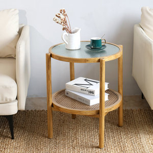 Mesa Auxiliar de Almacenamiento redonda Bohemia hecha a mano de madera de ratán de vidrio para muebles de sala de estar - Product Image 6