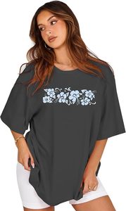 Camiseta de Algodón con Estampado Floral, Cuello Redondo, Manga Corta, Holgada y Transpirable para Mujer, Primavera/Verano - Product Image 5