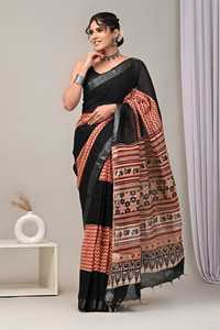 Saris en coton pur avec motif imprimé unique et attrayant, accompagnés d'un chemisier en lin, offrant un look traditionnel pour toutes les occasions. - Product Image 4