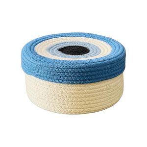 Panier de rangement œil porte-bonheur torsadé avec couvercle, rond, bleu et blanc, en corde de coton tressée, pour la décoration intérieure et le rangement - Product Image 1